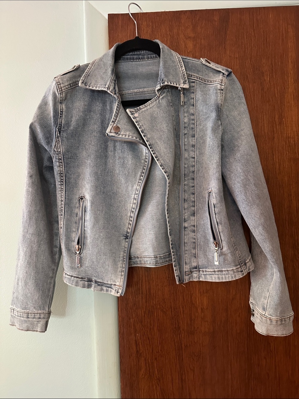 Light Wash Denim Moto Jacket - Women